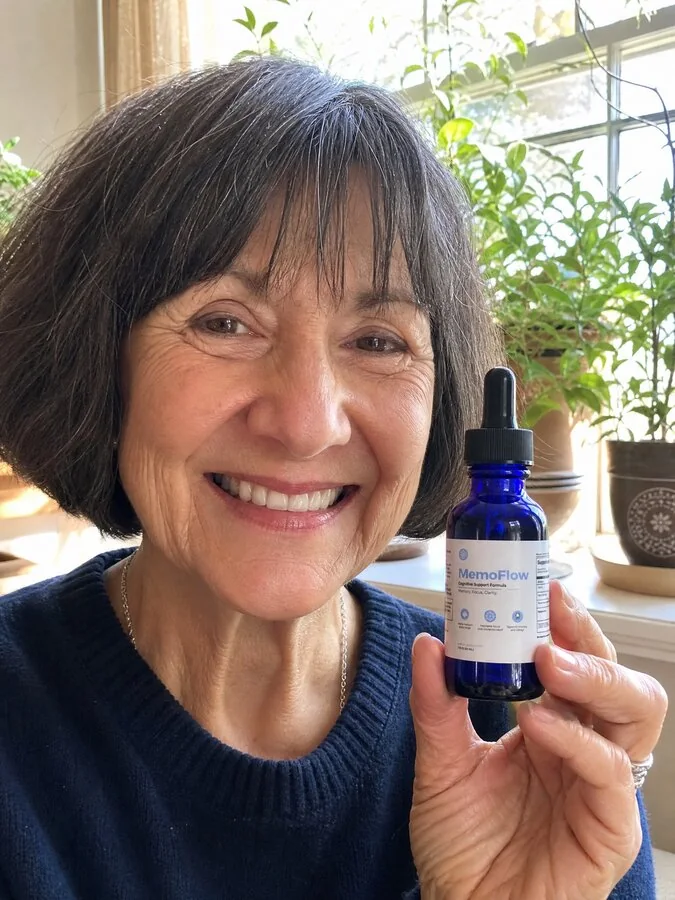 Carol B. smiling and holding her MemoFlow bottle